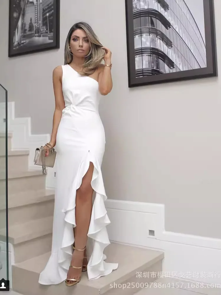 

Stylish 8078 One Shoulder Fleece Split Dress Jazz Broadcasting Dance