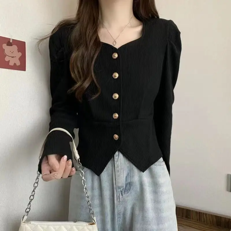 Large Size Women's New Trendy Age Reducing Bubble Sleeves Square Collar Base Shirt Chubby Sister Slimming Jacket Top