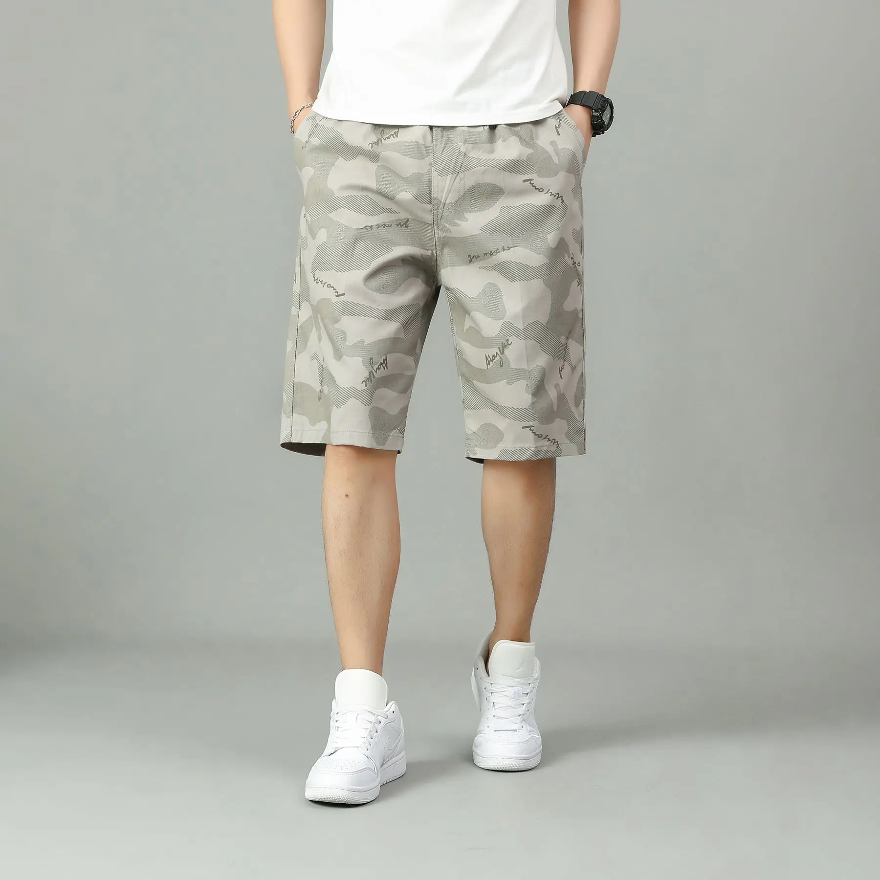 

High Quality Summer Thin Men's Camo Casual Shorts Loose Straight Elastic Waist Camouflage Beach Knee Length Short Male L-5XL