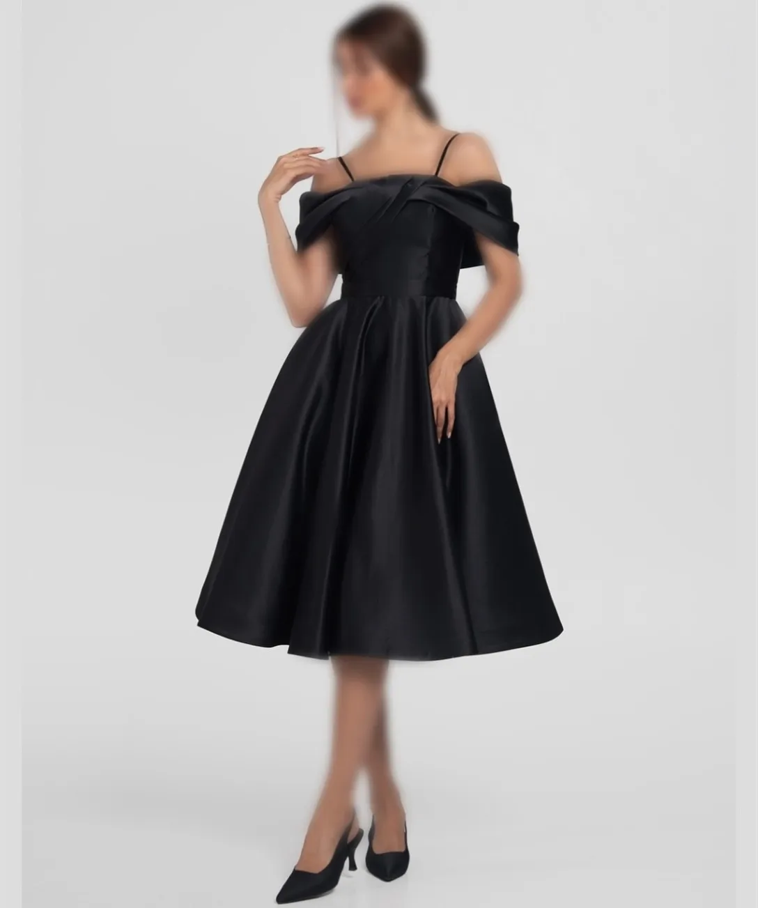 

Customized Short Satin Evening Dresses with Pockets A-Line Off Shoulder Tea Length Zipper Back Pleated Party Dress for Women