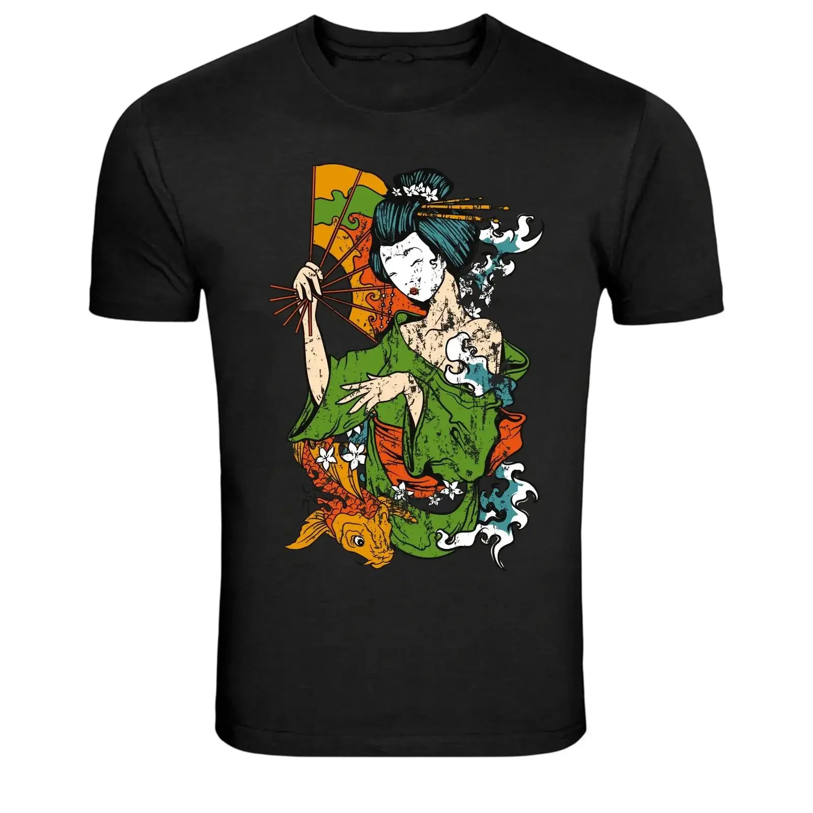 Japanese Geisha Koi Fan Traditional Art T Shirt vintage Washed Stretched streetwear Casual homme Comfortable fashion Unisex