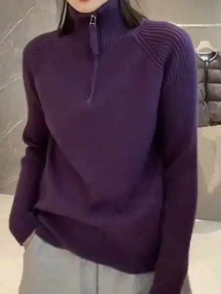 

Ladies' Casual Sle High Collar Knitted Sweater f Zip Long Sve Loose Fit Spring Faion plus Size Slimming Effect