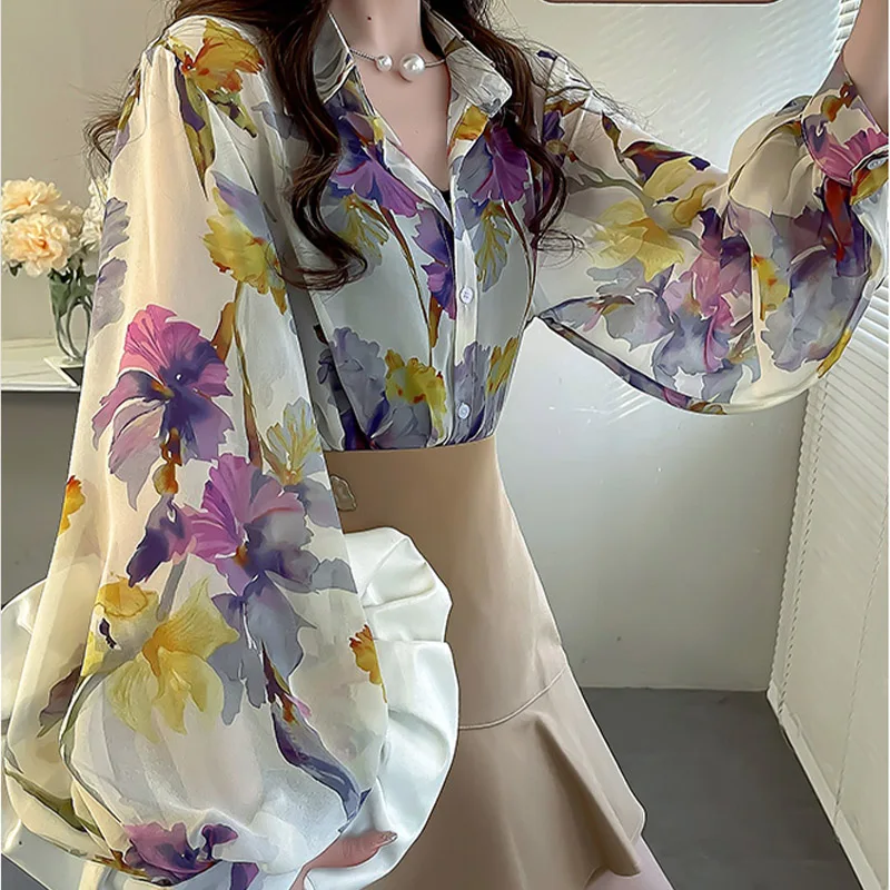 Women\'s Clothing Chic Floral Print Chiffon Shirt Summer Elegant Fashion Lantern Sleeve Polo-neck Blouses Casual Loose Button Top