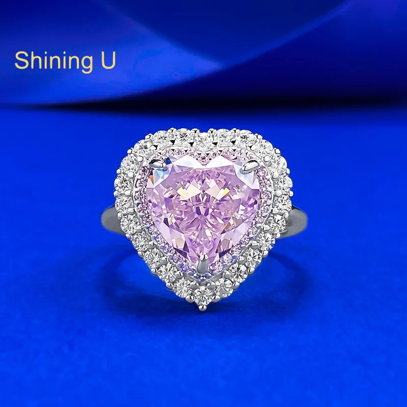 

Shining U S925 Silver 10*10mm Pink Heart High Carbon Daimond Gems Ring for Women Fine Jewelry Engagement