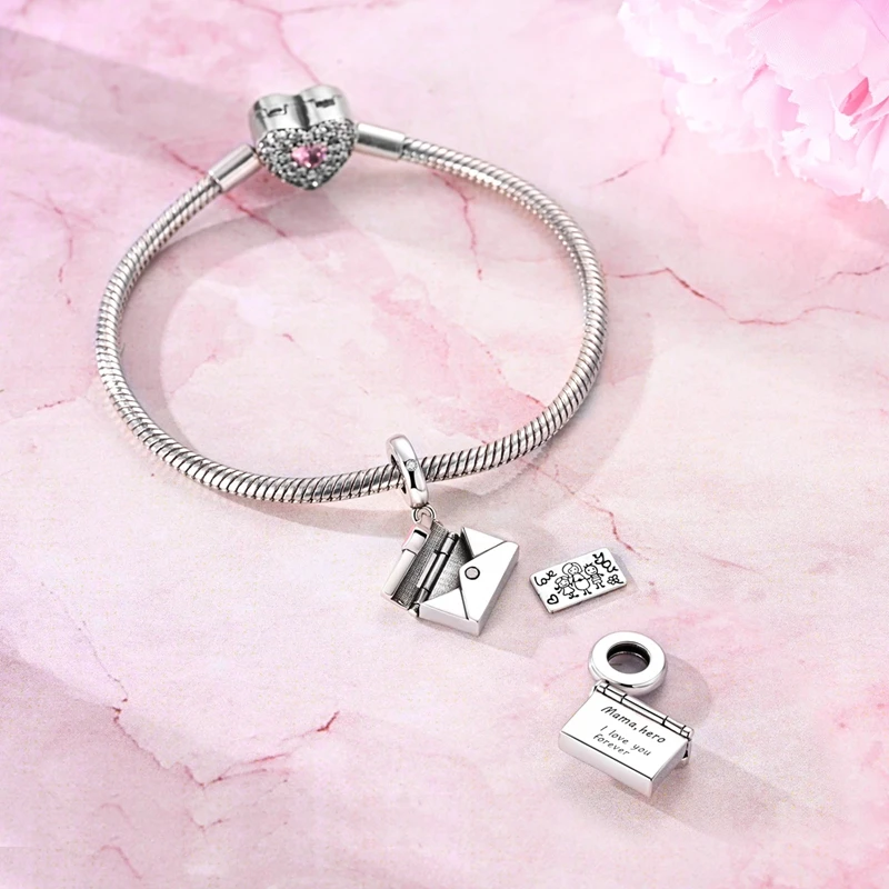 

New 925 Sterling Silver For Mom Love Envelope Charms Pendant Fit 3mm Original Bracelet DIY Women Mother's Day Jewelry Gifts