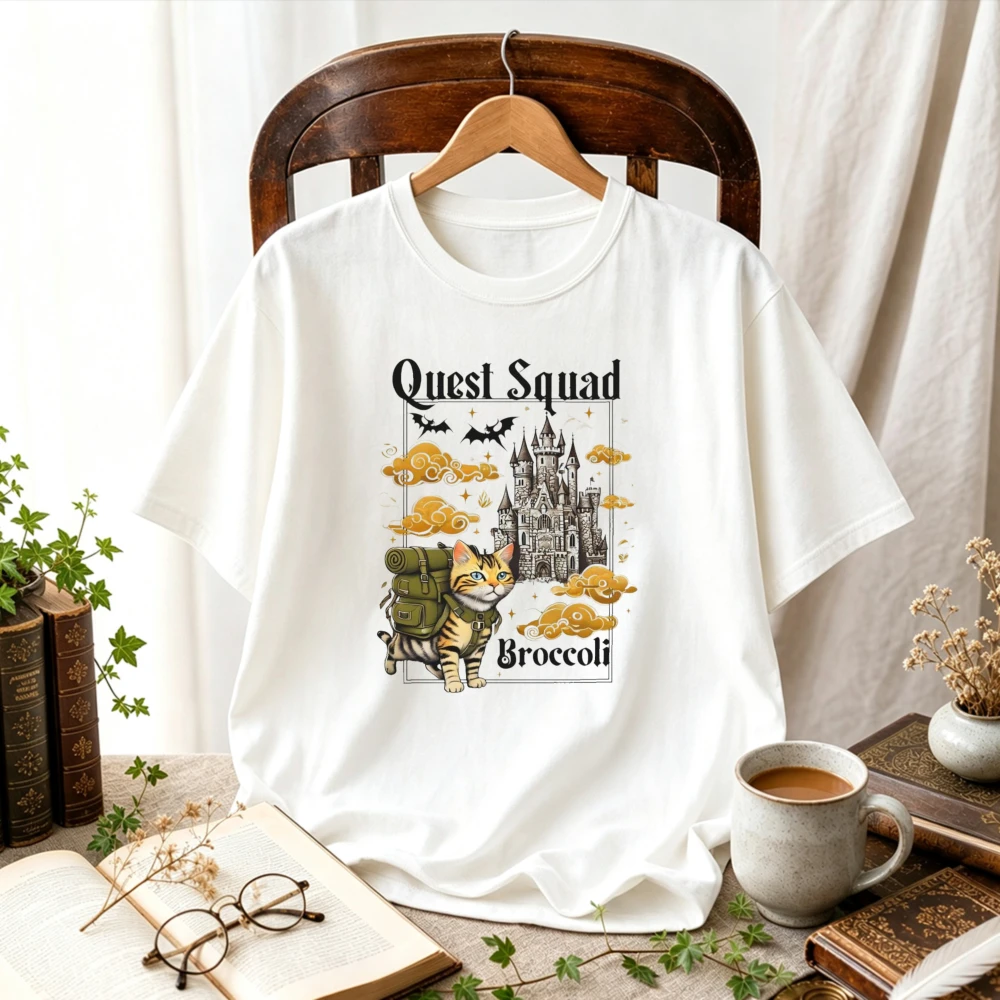 Quest Squad Broccoli Adventure Tabby Cat Castle T-Shirt Fantasy Backpack Cat Vintage Graphic Tee Unisex Book Fandom Casual Tops