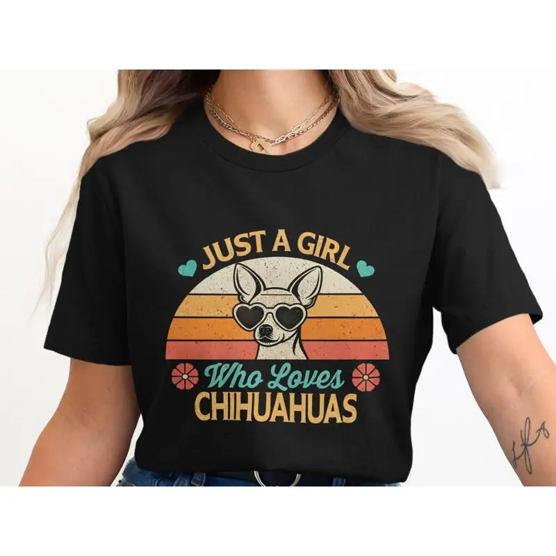 

Cute Just a Girl Who Loves Chihuahuas T Shirt Retro Chihuahua Lover Heart Sunglasses for Dog Mom