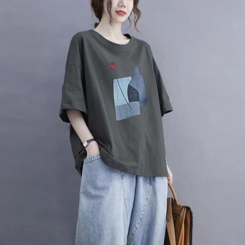 Niche Fashionable Ins Inspired Women's Short Sleeve T-shirt Tummy Cover Slimming Loose Fit Versatile