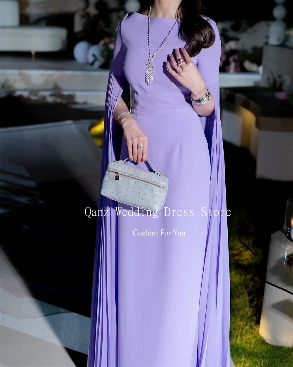 Qanz Dubai Vintage Evening Dresses Boat Long Cape Sleeves Arabic Arab Luxury Dresses Women Lilac Satin Robe De Soiree Customized