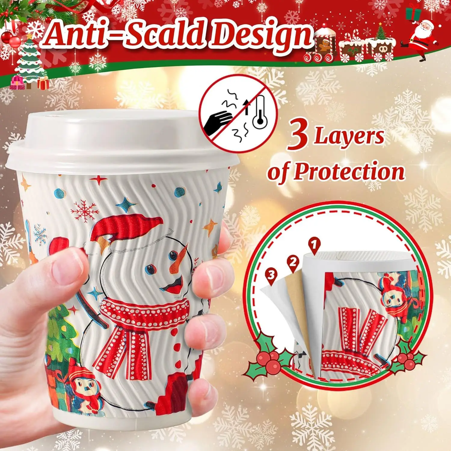 12 oz Christmas Coffee Cups with Lids - 50 Pack Disposable Insulated Paper Cups, Christmas Hot To Go Coffee Cups, Leak Proof