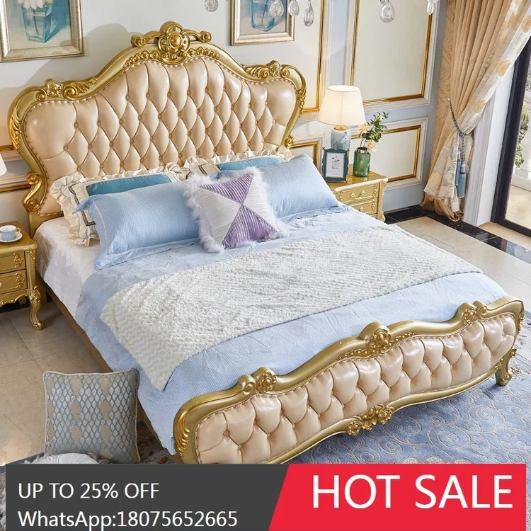 

SGFF European Style Master Bedroom 1.85m Double Bed gold Simple European Style Carved Leather