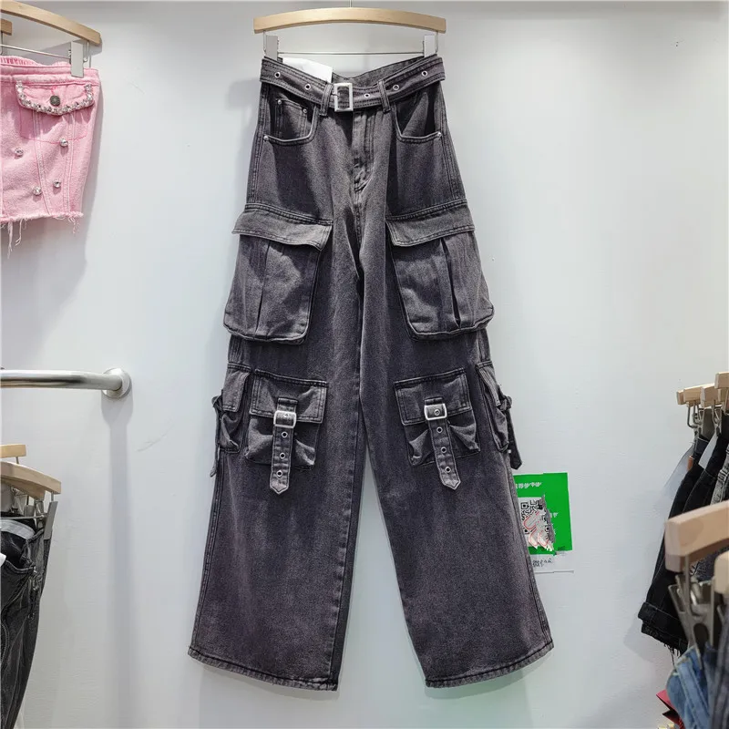 Blue Washed Big Pocket High Waist Baggy Jeans Women's Denim Trousers 2023 Autumn Straight Loose Oversized Wide-Leg Cargo Pants