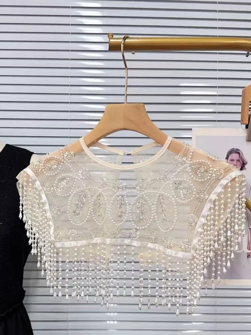 Elegant Pearl Shoulder Cape Vintage  Shawl Handmade Accessory Chinese Style Fringe Cover