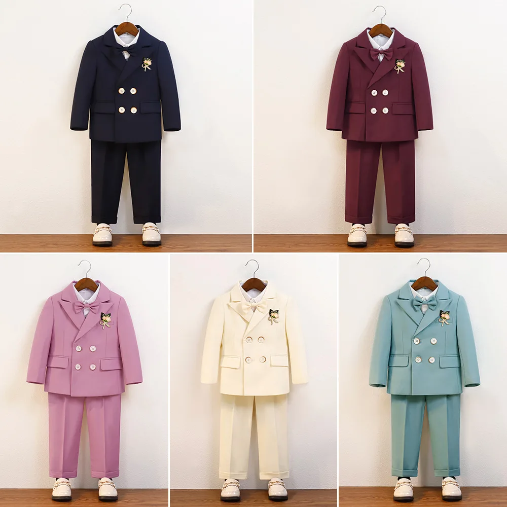 Autumn Winter Children Boys Wine Red Suits British Style Kids Boys Wedding Suits Outfits Set Velvet Warm 1-10Y Boys Elegant Suit