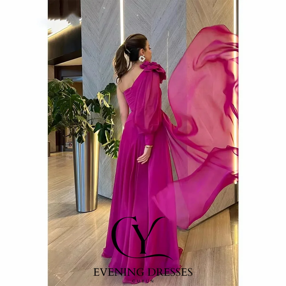 CUYUN One Shoulder Long Sleeves Evening Dresses Women Handmade Flowers High Slit Prom Gown Customized Party Dresses 2025