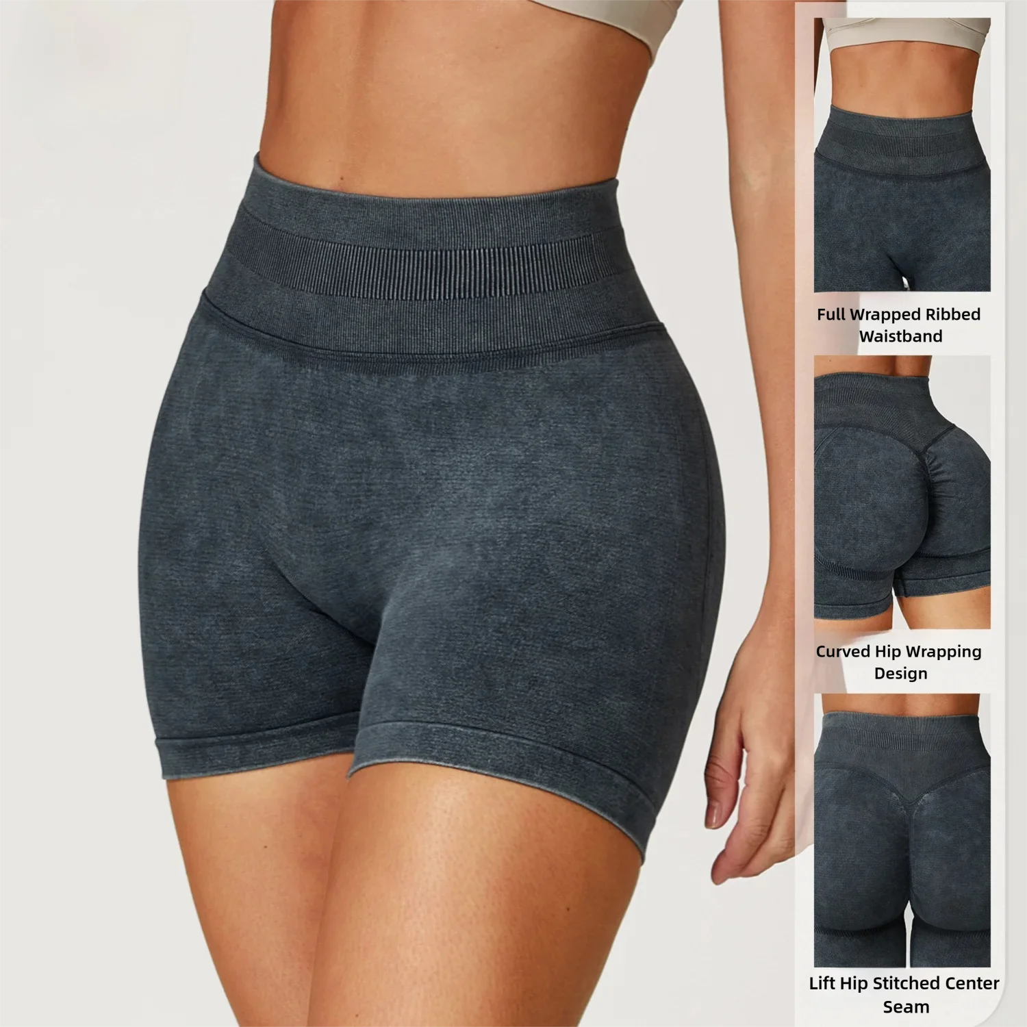 Seamless Sandwashed Yoga Shorts Women High Waist Scrunch Butt Lifting Gym Shorts Tummy Control Workout Running Tights