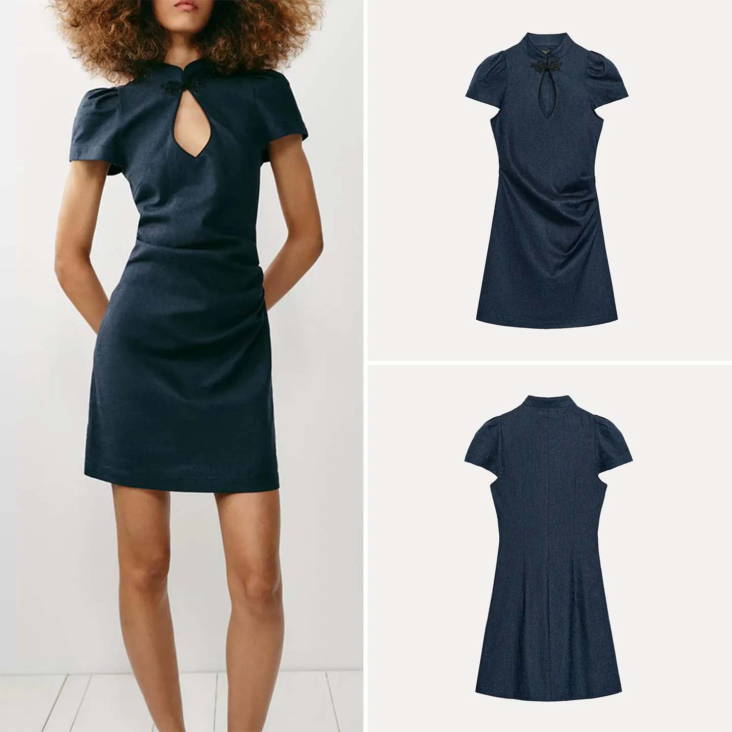 

Fashionable Short Sleeve High Collar Chinese Style Dress Women's Summer New Arrival Zadata Bubble Sleeve Slim Fit Dress
