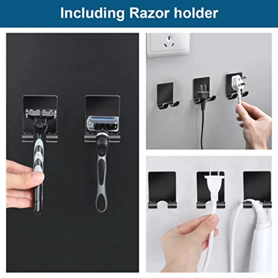 Razor Holder 304 Stainless Steel for Shower + Adhesive Sticky Heavy Duty Waterproof Wall Hooks, Premium for Hanging Towels, Coa