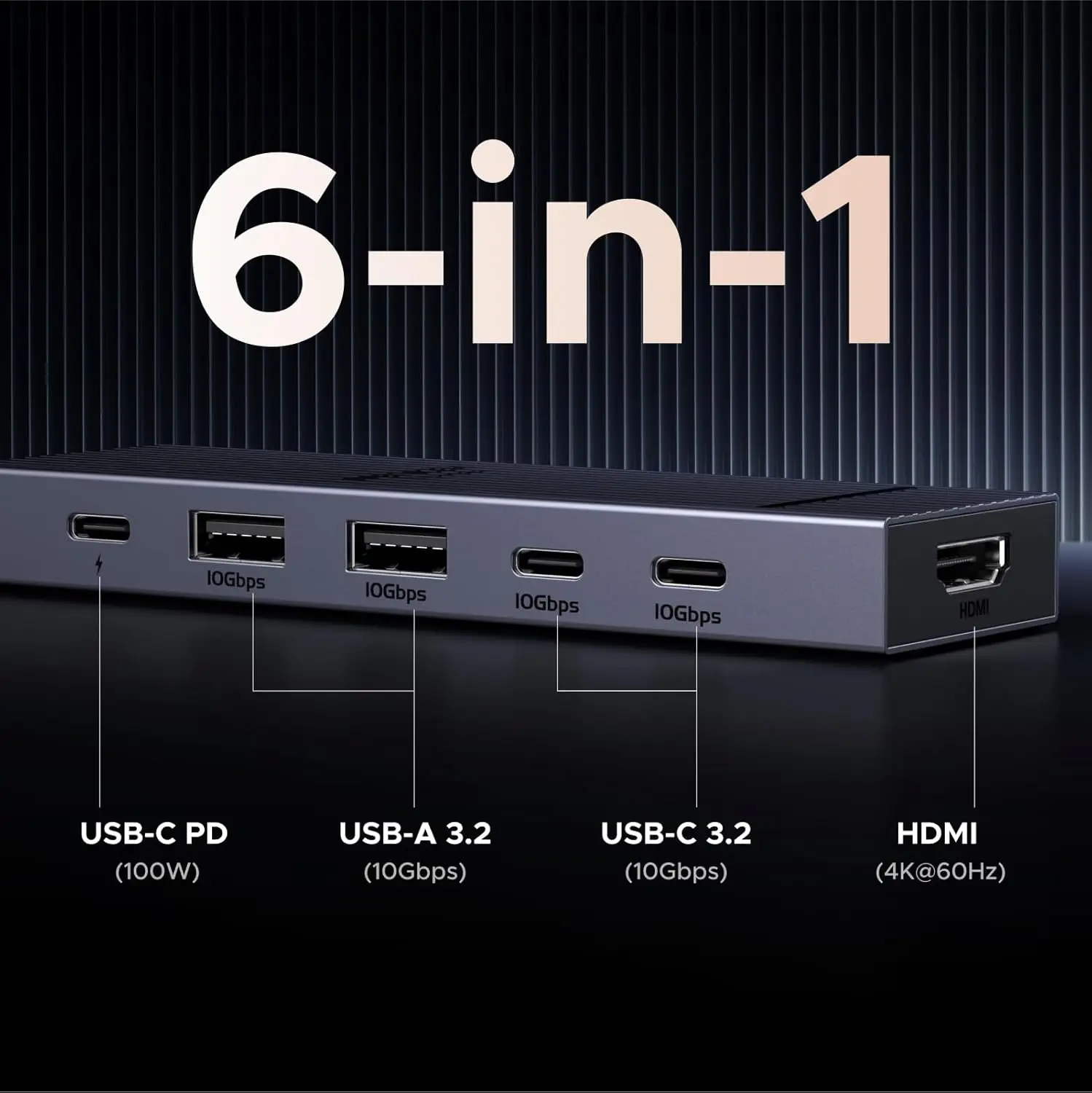 UGREEN Revodok Pro USB-C Hub 6 in 1 10Gbps USB C 3.2 & USB-A 3.2 4K 60Hz HD-MI, 100W Power Delivery for MacBook