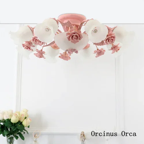 Mediterranean Garden Rose ceiling lamp  Bedroom Princess room lamp French luxury PINK glass ceiling lamp