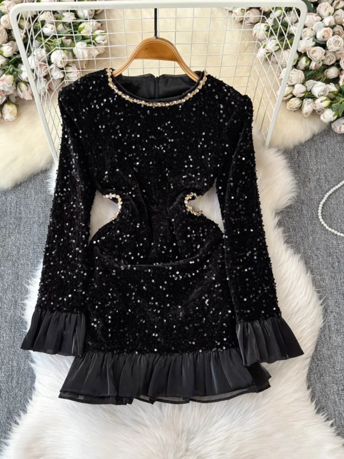 Diamonds Sequined Vestidos Bodycon Party Dress Ruffles Hem Vestido O-neck Long Sleeve Dresses Spring 2025 New Ropa Mujer