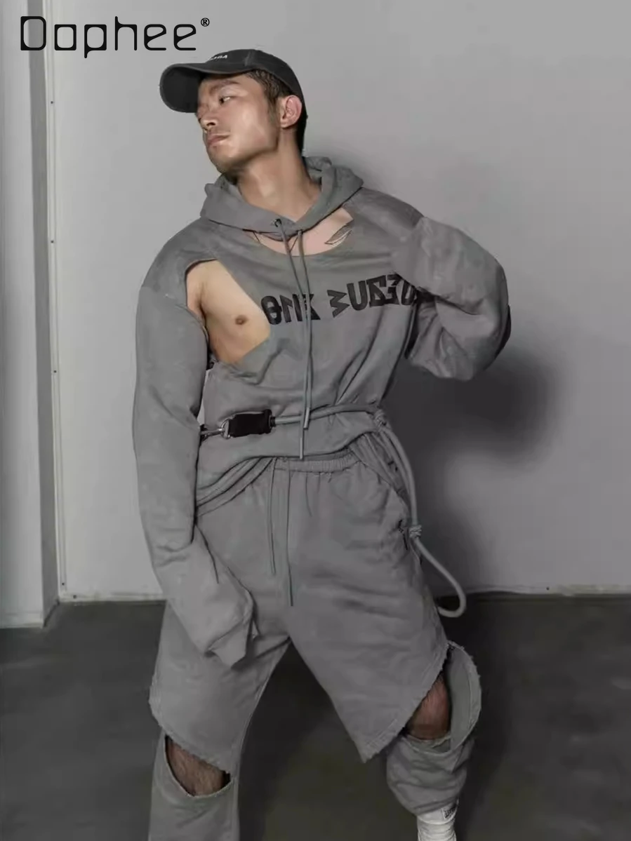 

Street Punk Distressed Letter Print Loose Casual Hooded Sweatshirt American Style Trendy Oversized Hoodie Men Clothing Autumn