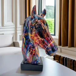 Colorful Graffiti Horse Head Figurine, Horse Head Resin Art, Modern Crafts, Horse to Success Sculpture for Home/Office Desktop
