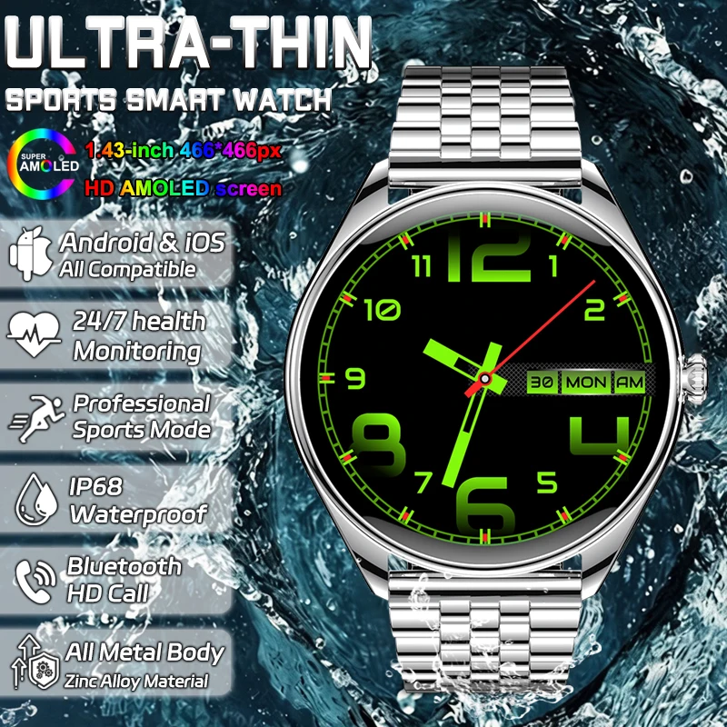 New Ultra Thin Sports Smart Watch Men AMOLED Screen Always Show Time Fitness Track Waterproof Heart Rate Call Smartwatches Women
