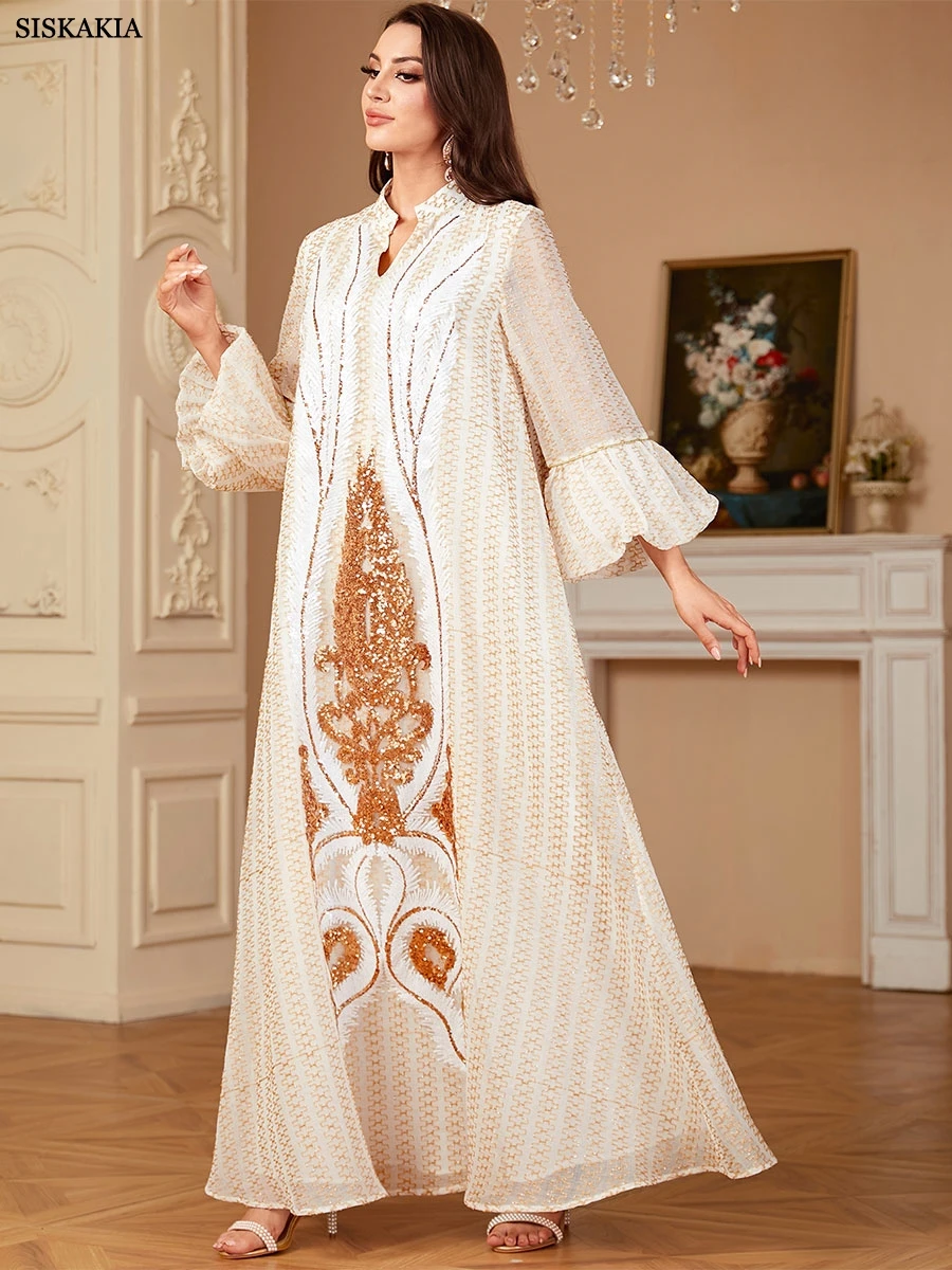 Siskakia Sequins Dresses For Women\'s Jalabiya Ramadan V-Neck Flare Sleeve Kebaya Dubai Moroccan stylish Loose abaya 2024