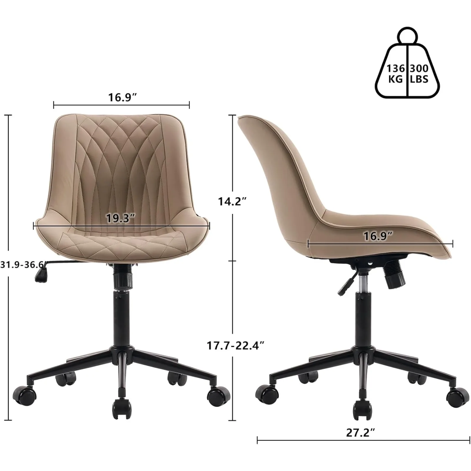 Cadeira de mesa ergonômica cáqui dos EUA para escritório em casa sem braços Cadeira pequena e confortável entrecruzada com rodas giratórias ajustáveis