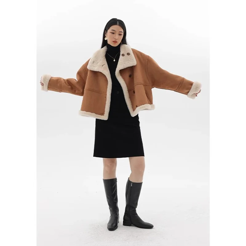 2023 Winter New Faux Fur Fleece Short Coats for Women Fashion Simple Stand Collar Lamb Wool Coat Office Lady Solid Color Jacket