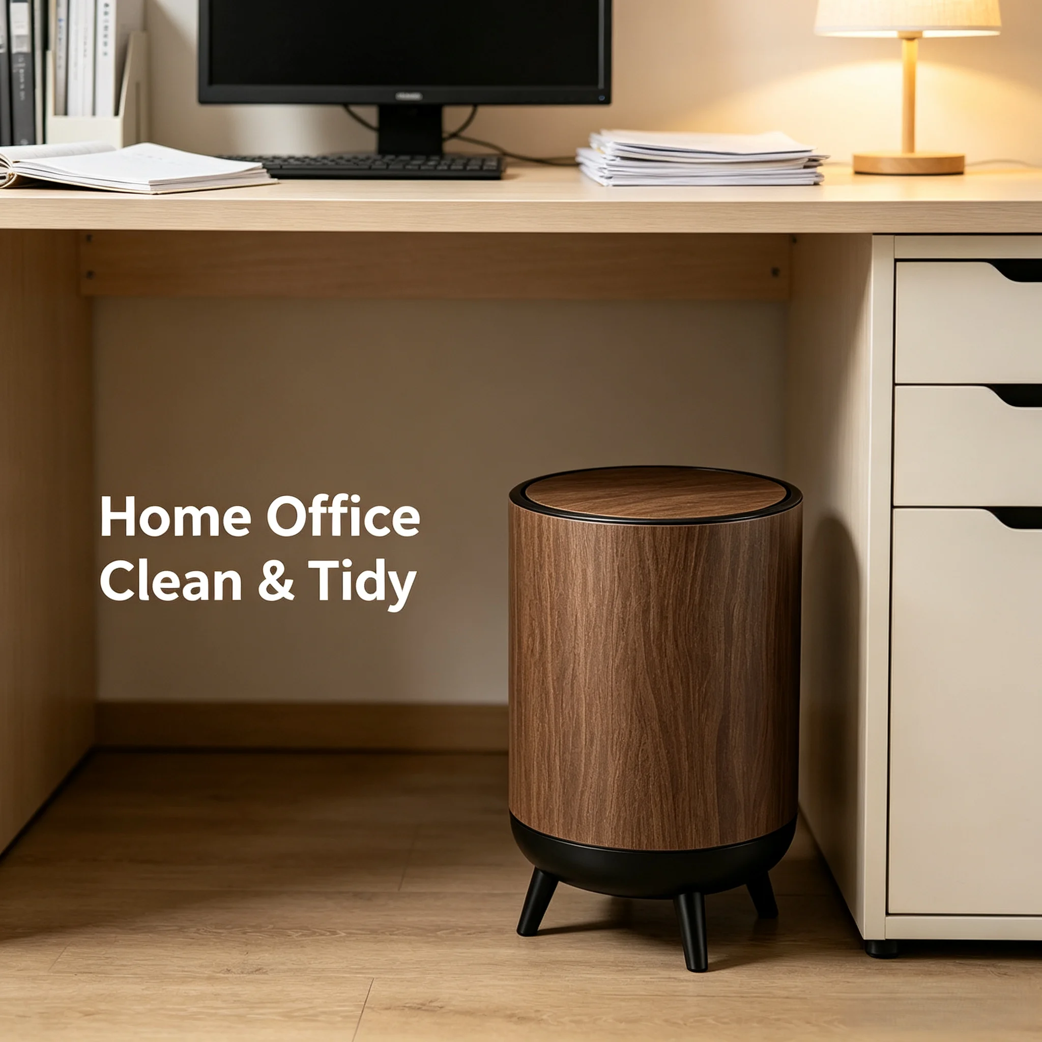 Mid‑Century Round Flip‑Cover Trash Can, Wood‑Pattern Plastic Waste Bin with Stand Legs for Indoor Household Use