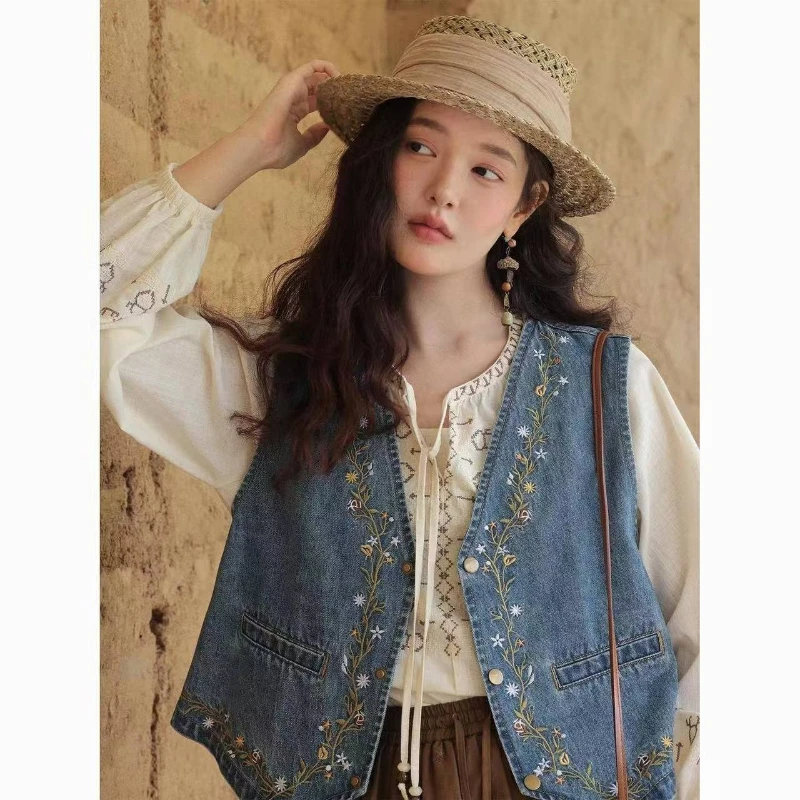 

Spring Summer Women V Neck Sleeveless Embroidery Flower Denim Blue Vest Coat , Woman Vintage Casual Vests Coats