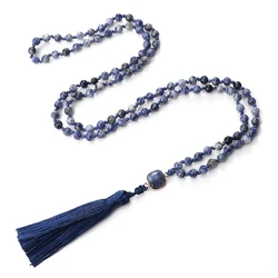 White Dot Blue-vein Sodalite Natural Stone Beads 108 Mala Necklaces Handmade Vintage Ore Pendant Neckalces Female Yoga Jewelry