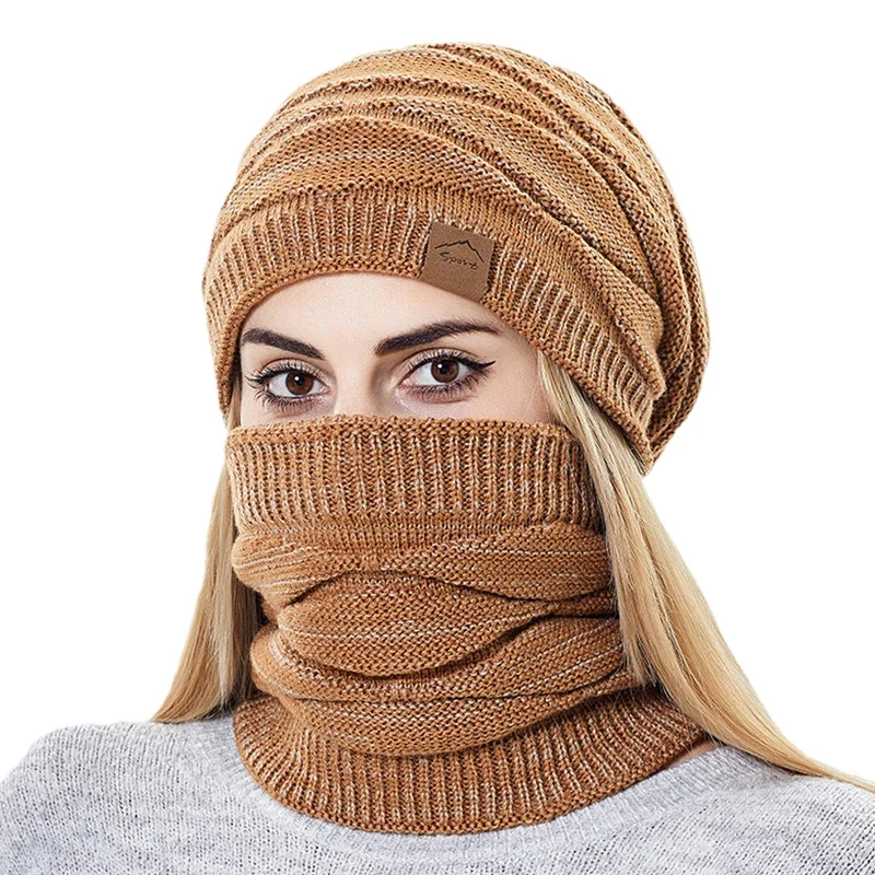 Winter Beanie Hats Scarf Set Women Warm Knitted Cap Female Neck Warm Thicken Fur Lined Lady balaclava Mask Bobble Hats for Women