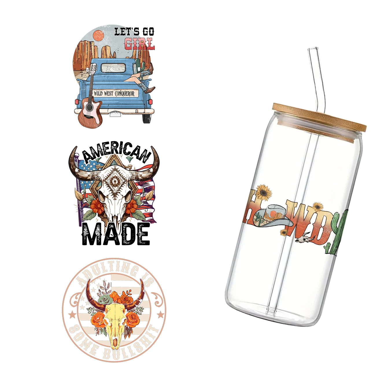 11x12cm Cowboy Western Styles für Libbey 16oz Can Glass 3D Wasserdicht UV DTF Kaffee Can Wrap Libbey Glass Wrap