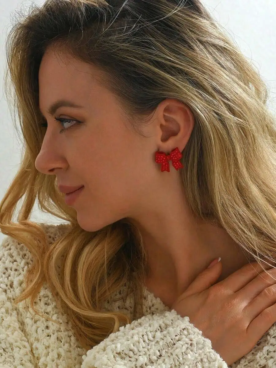 

Red Bow Knot Rhinestone Stud Earrings For Women Fashion Jewelry Holiday Party Daily Wear