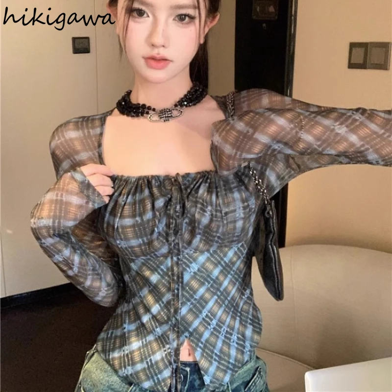 Shirts for Women Vintage Plaid Long Sleeve Tees Fashion Gauze Square Collar Tunic Tees Y2k T Shirts Bandage Vintage Crop Tops