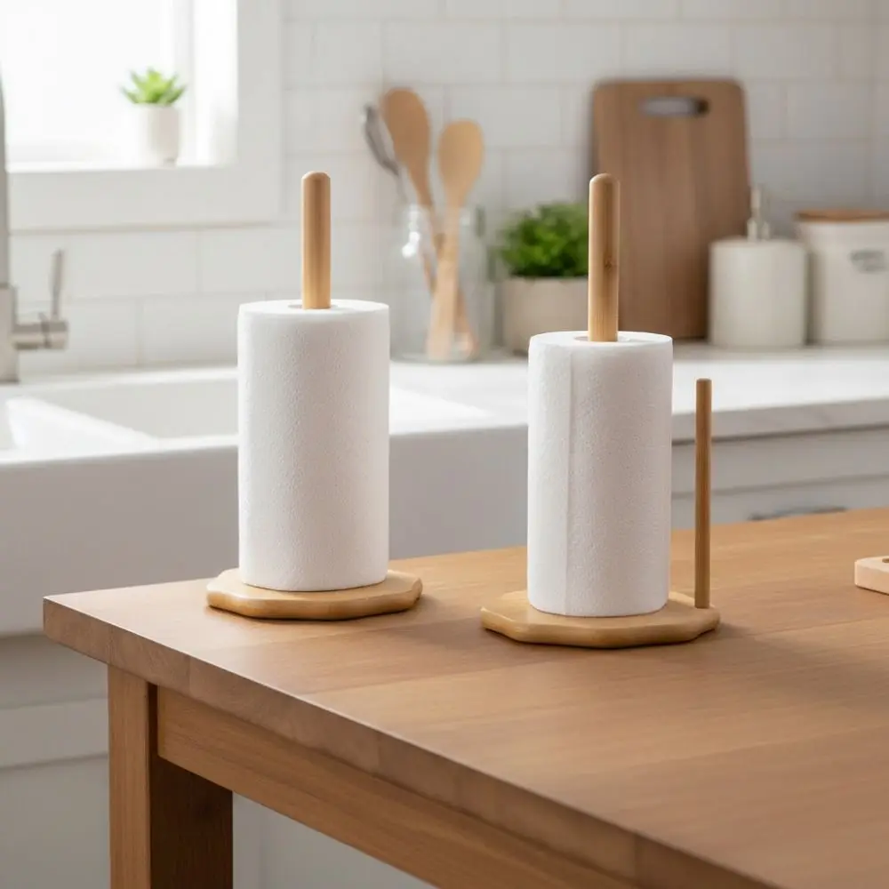 Practical Wooden Paper Towel Holder Plum Blossom Base Anti-Skid Vertical Stand Double Column Durable Tissue Holder Bathroom