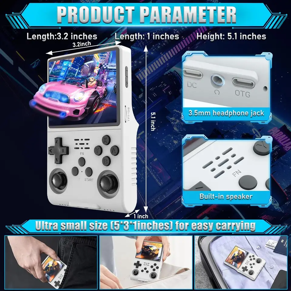 FVBADE[30 000 en 1 R40S PRO Console de Jeu Portative Écran IPS 3,5 Pouces Mini Console Rétro 3800mAh Portable de Poche Arcade 45+ Émulateur Grand Public Carte TF 256G Transparente. (Rouge
