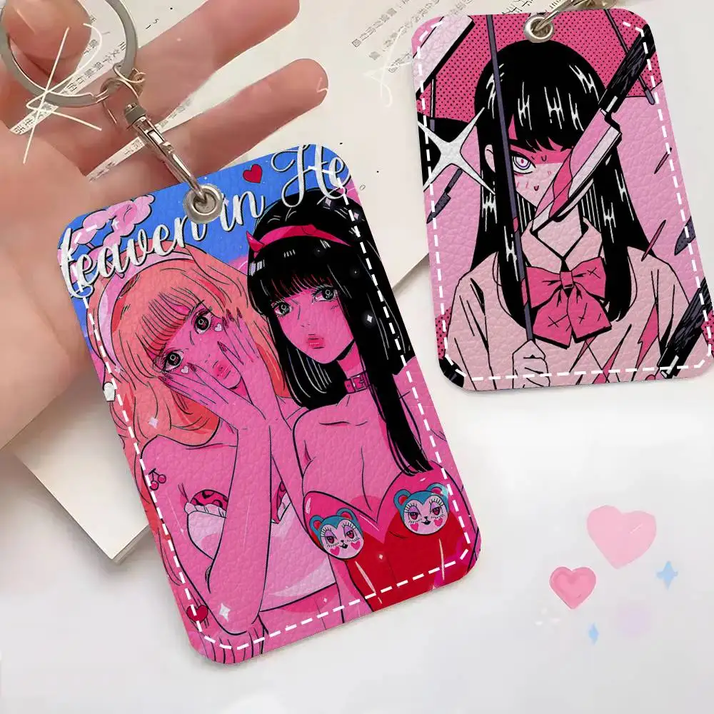 Ins Japanese Anime Decorative Card Case Keychain Access Card Bag Key Tag Ring Leather Card Holder Key Ring Access
