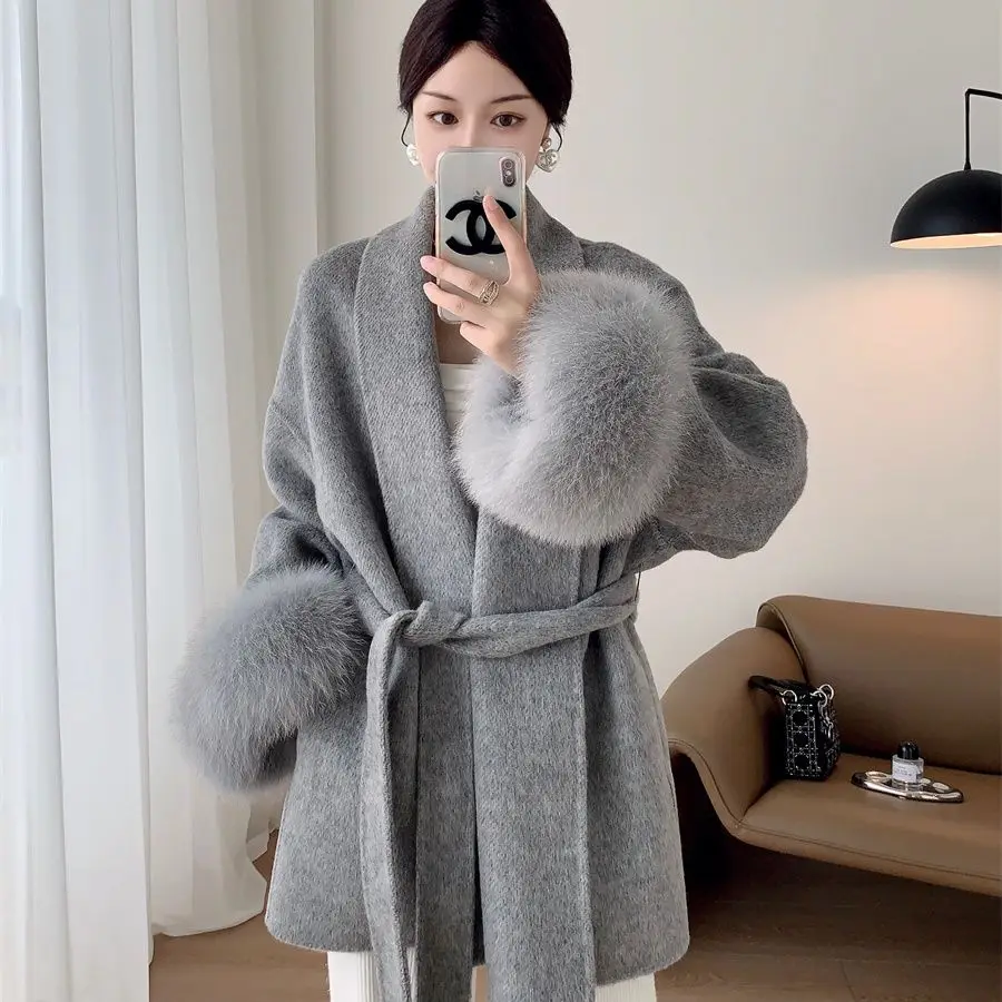 Fox Sleeve Fur Double-Sided Wool Coat Women'S Autumn And Winter Strap High-End Temperament Short Jacket