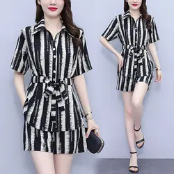 Large Size Shirt Shorts Set for Women's Summer Fashion Striped Drape Age Reducing Shirt+ Wide Leg Shorts Two-piece Set for Women