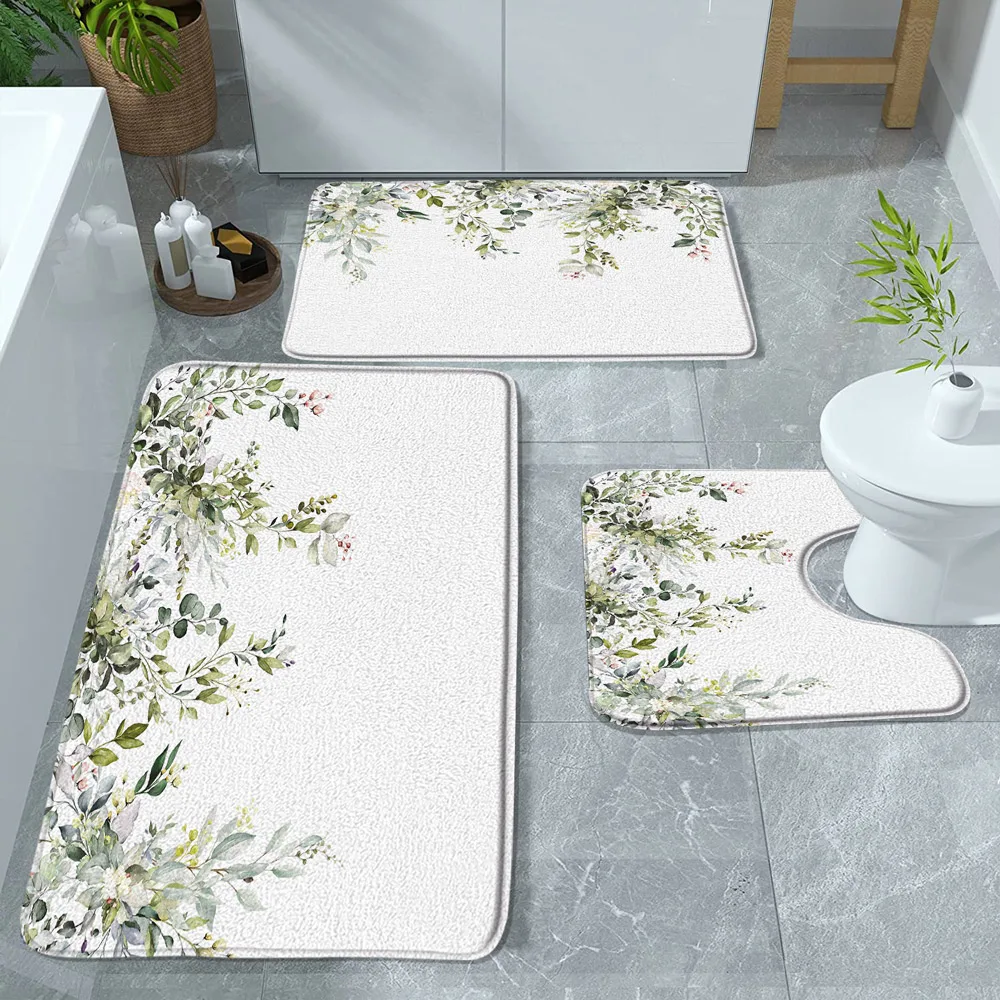 Spring Eucalyptus Leaves Bath Mat Watercolor Vine Plant Green Sage Leaf Botanical Bathroom Rugs Bathtub Flannel Carpet 3pcs/Set