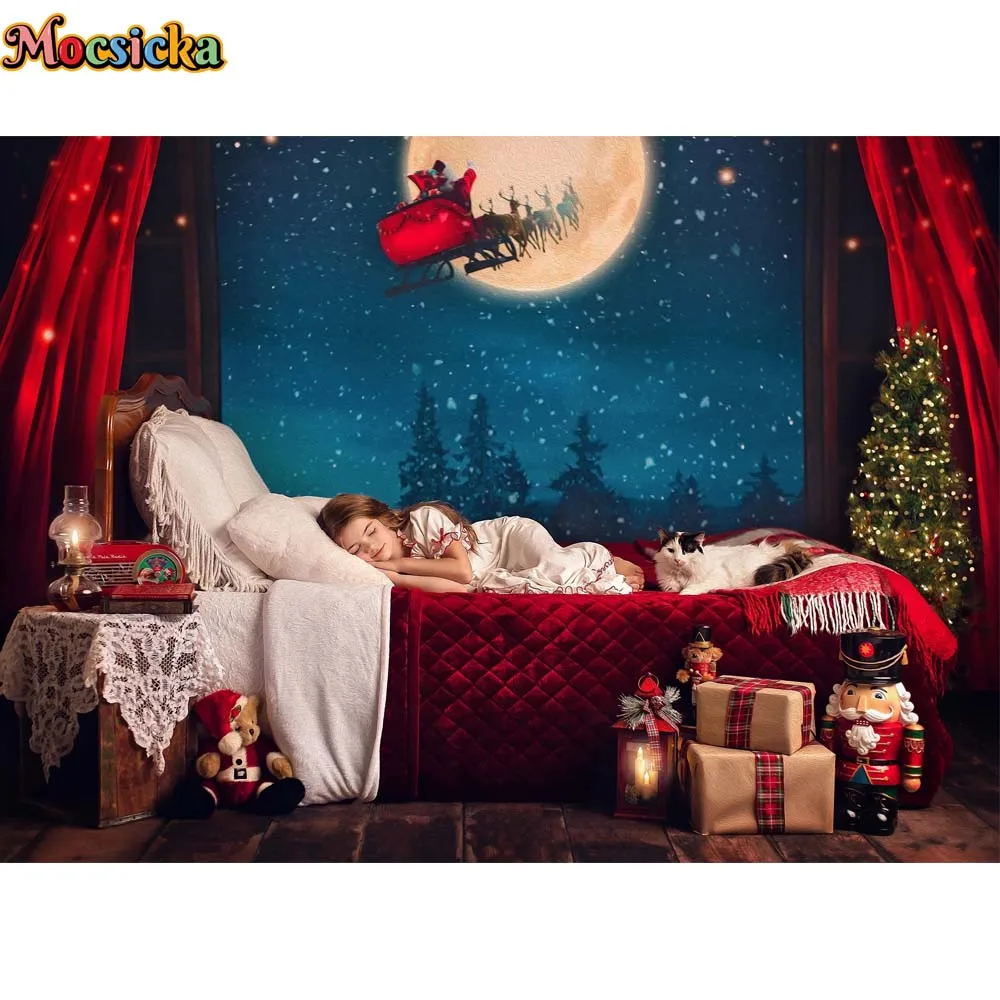 Merry Christmas Photography Backdrops Waiting On Santa Moon Xmas Silent Night Window Winter Snow Kids Portrait Photo Background