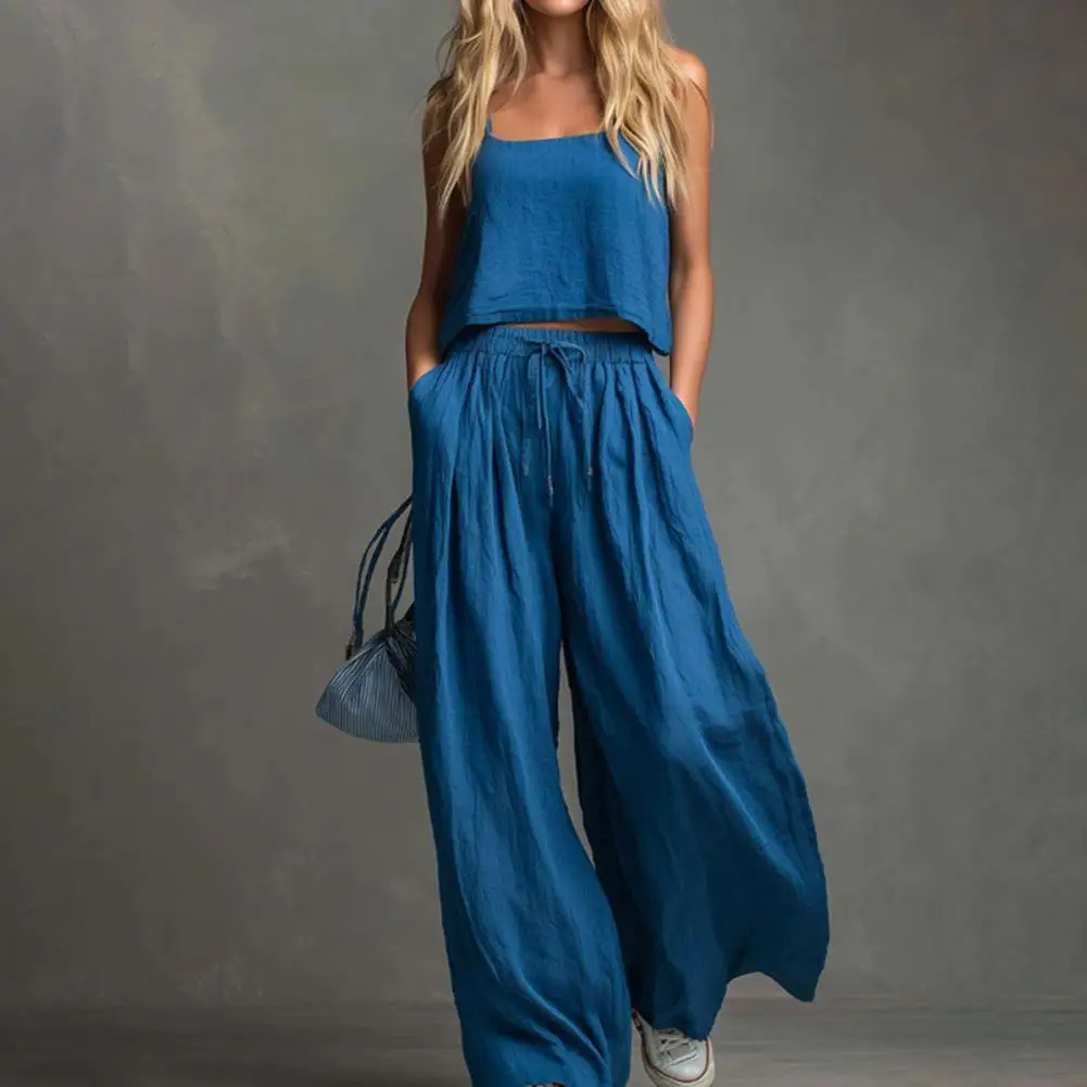 

Plus Size Women Suit Summer Two-piece Set for Women Crop Cami Top with Wide Leg Pants Lounge Matching Outfit with Pockets Women