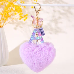 Purple heart-shaped pom pom Pom initial keychain sequin Heart 26 letter key chain Student couple male and female bag pendant