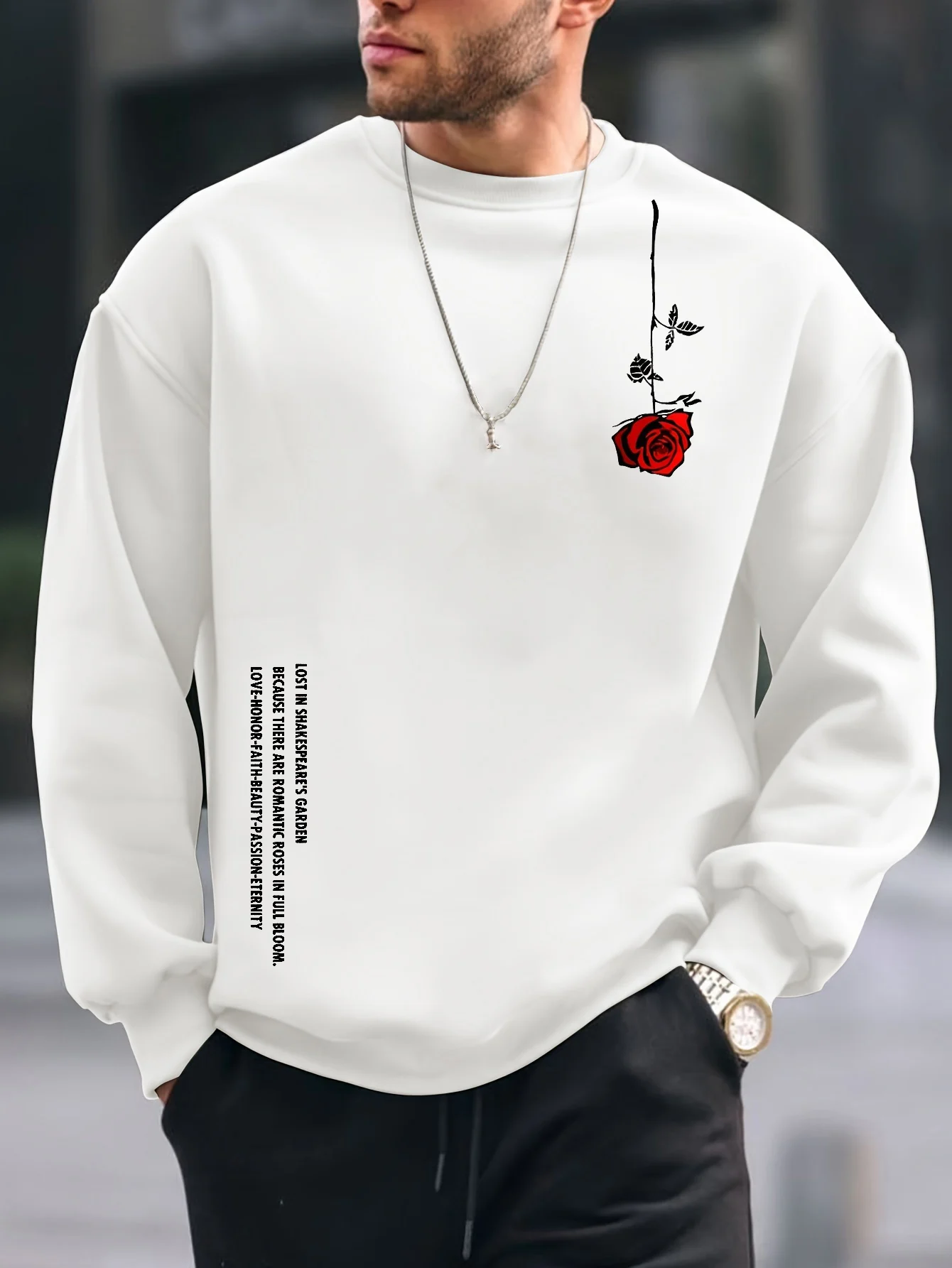 Men\'s autumn and winter fashionable casual loose plus rose pattern printed fleece pullover round neck long sleeved sweatshirt