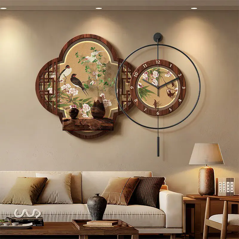 New Chinese Restaurant Decorative Paintings: Flower and Bird Clock Table Background Wall Hanging Art Ancient Style Murals