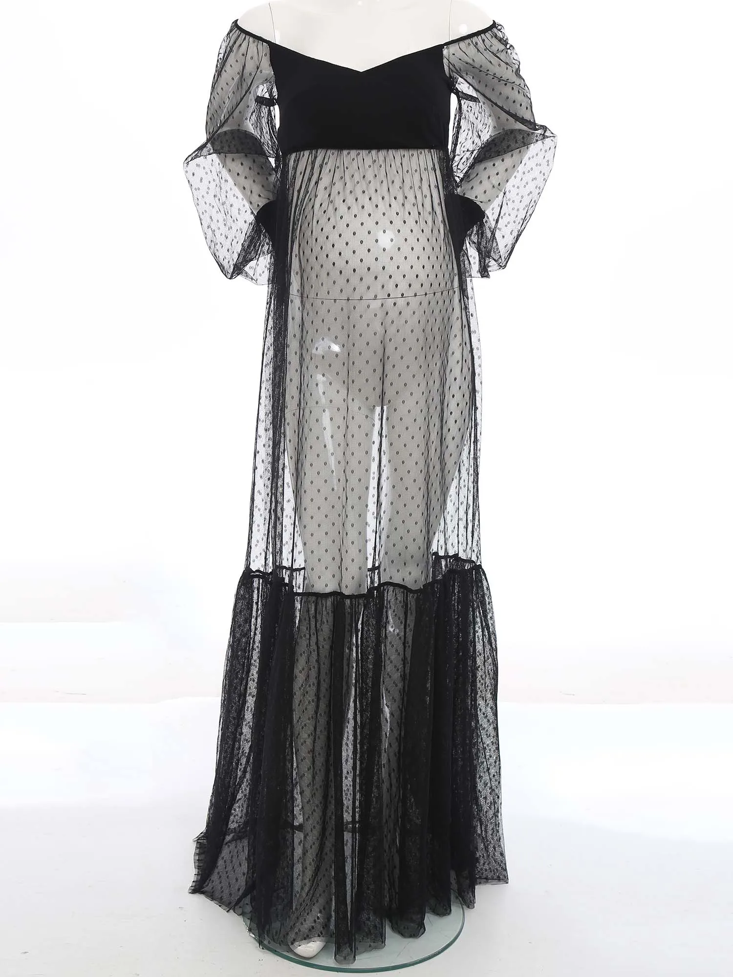 Women Maternity Dress Off-shoulder Bubble Sleeves Polka Dot Tulle Split Dress Pregnancy Gown Photography Pageant Party Sleepwear